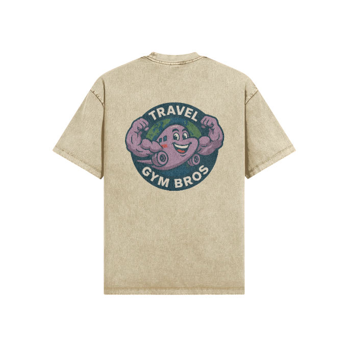 Unisex Oversized 'Travel Gym Bros' Snow Wash T-Shirt